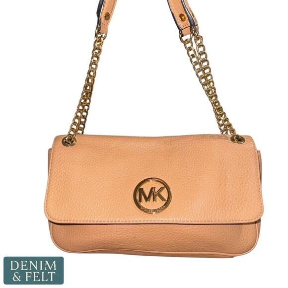 MICHAEL KORS Fulton Pinkish Tan Leather Pebbled Shoulder Bag Gold Chain Strap - Picture 3 of 12